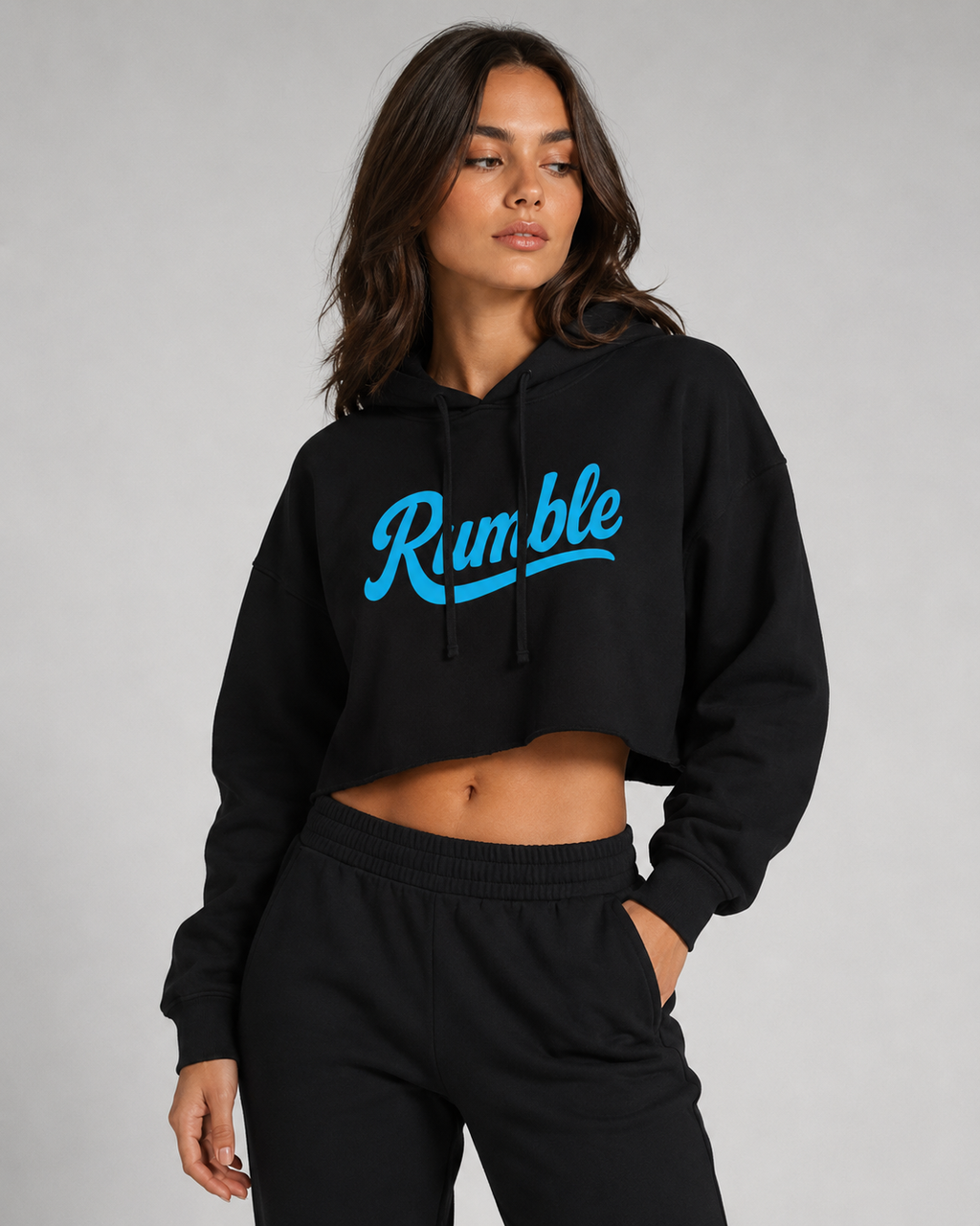 Rumble Signature Logo Cropped Hoodie – Black & Blue